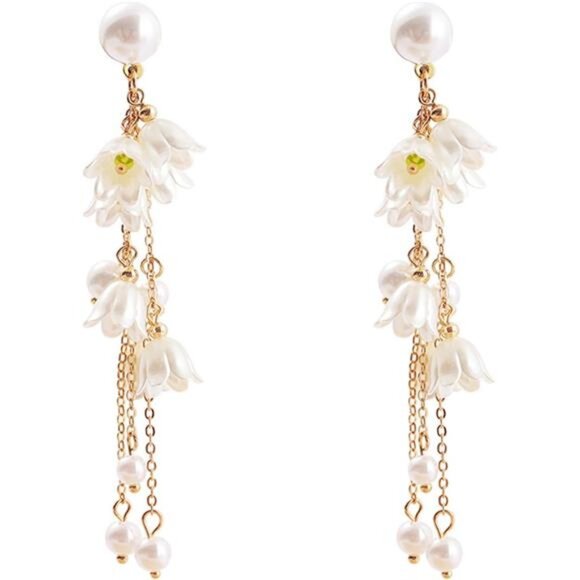 Elegant Acrylic Petal Drop Earrings with Pearl, Romantic Floral Jewelry - Picture 2 of 6